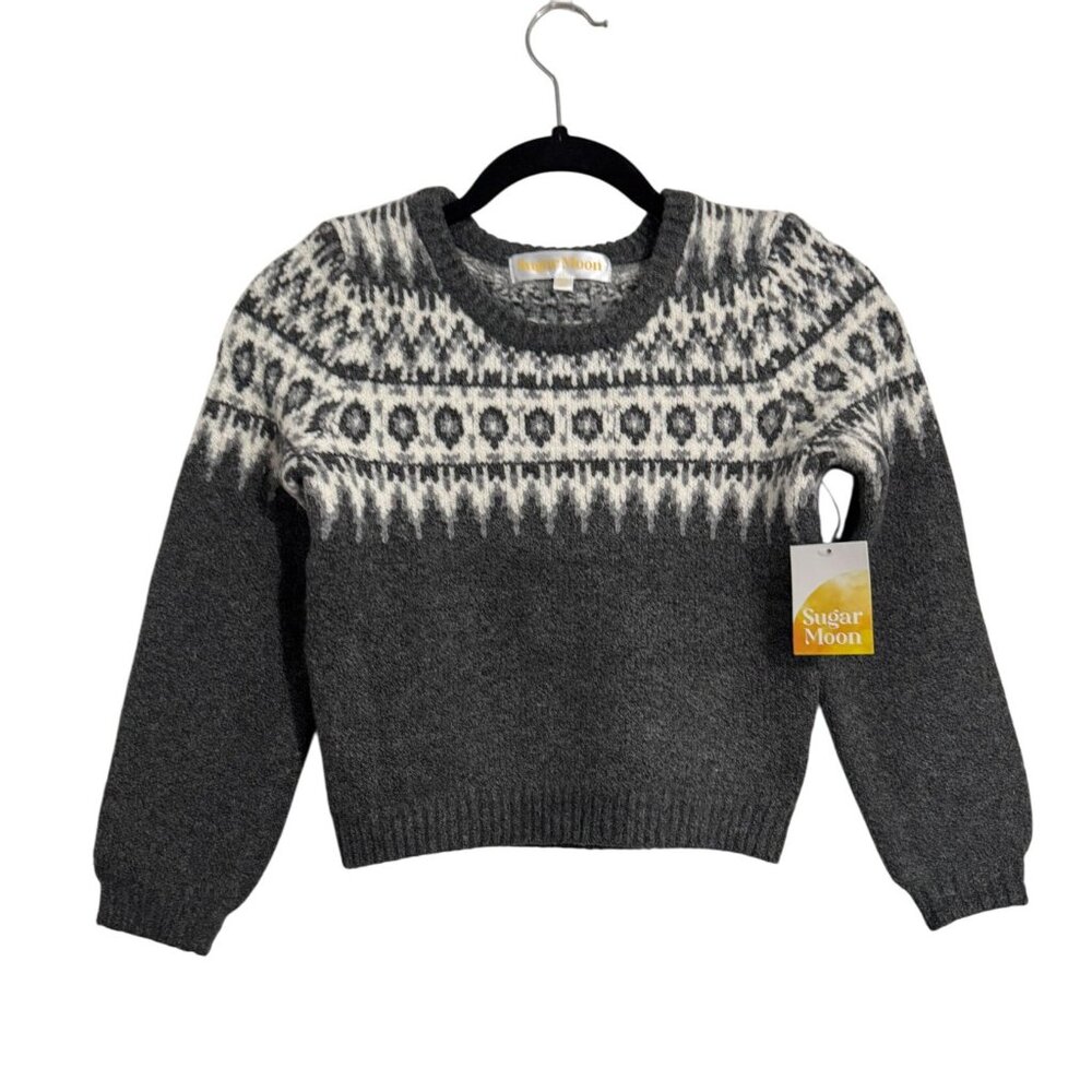 Sugar Moon Kids Fair Isle Sweater L (10-12) Gray & White Wool Blend Winter Knitw